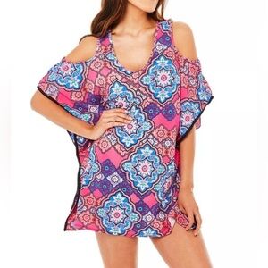 Pink & Blue Cold Shoulder Cover-up Dress by Nicolita, size L/XL, Swim Cover-Up
